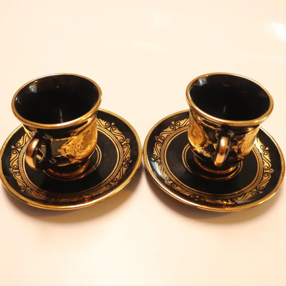 2 Demitasse/Expreso Cups and Sauciers Black and 24‎ Caret Gold Hand Painted